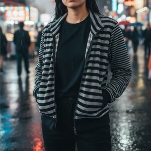 Onque Casuals Black and Gray Striped Top with Zip Up Closure & Pockets